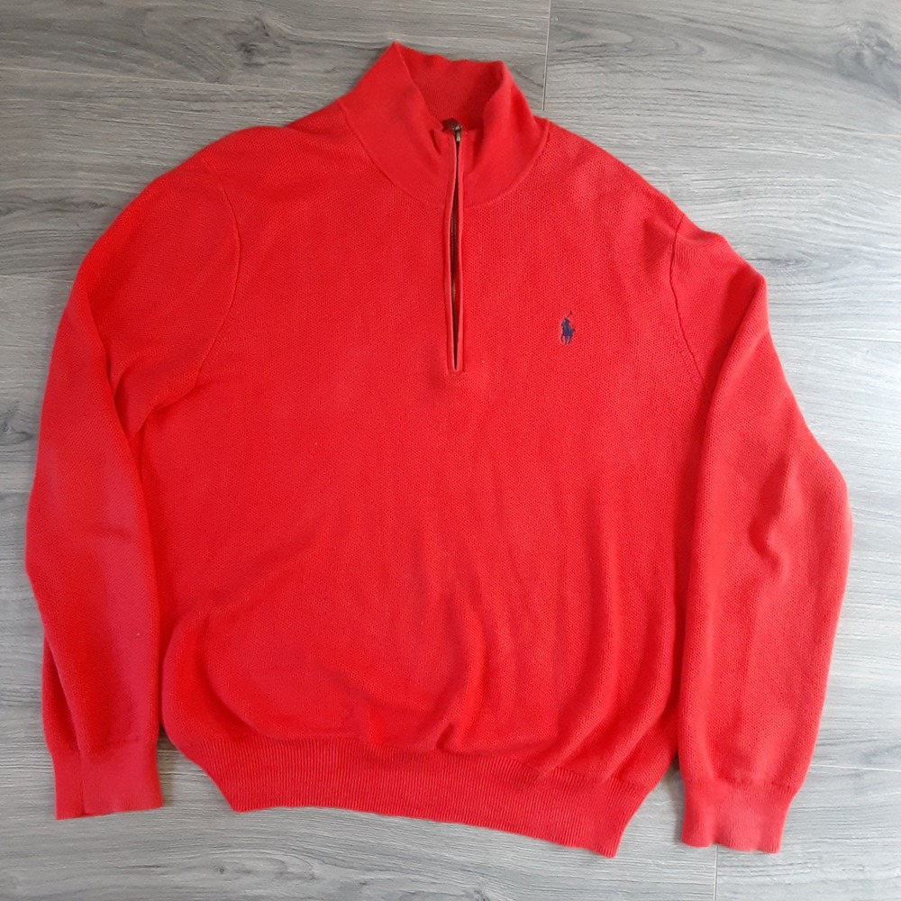 Polo Ralph Lauren Mens Red Pima Cotton Quarter Zip Sweater Large Mock Neck Pony